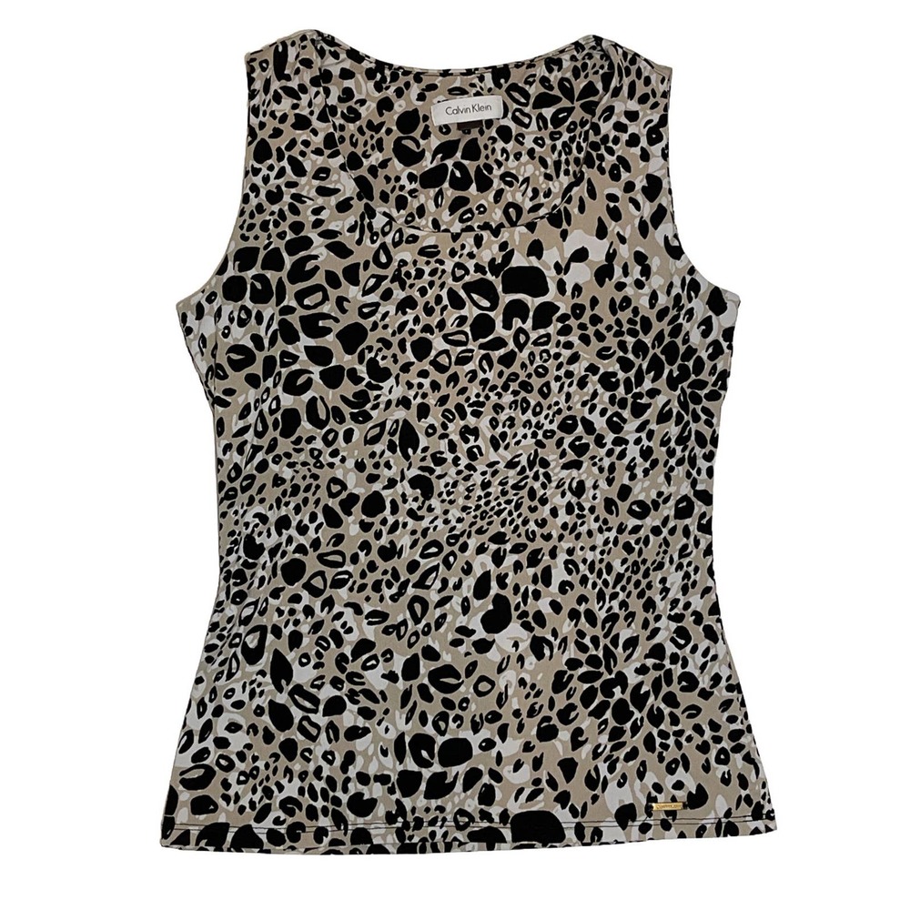 CALVIN KLEIN Women’s XS Tank Shell Animal Print Black Tan Polyester Spandex - Picture 1 of 6